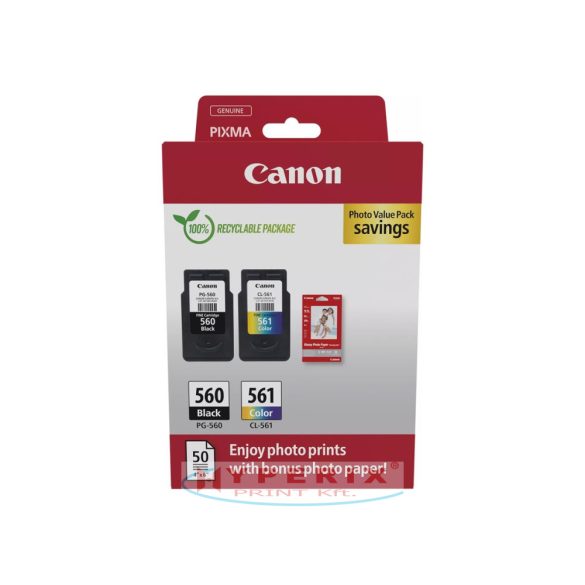Canon PG-560XL+CL-561XL +50 lap GP501,10x15 fényes fotópapír Multipack (3712C008)